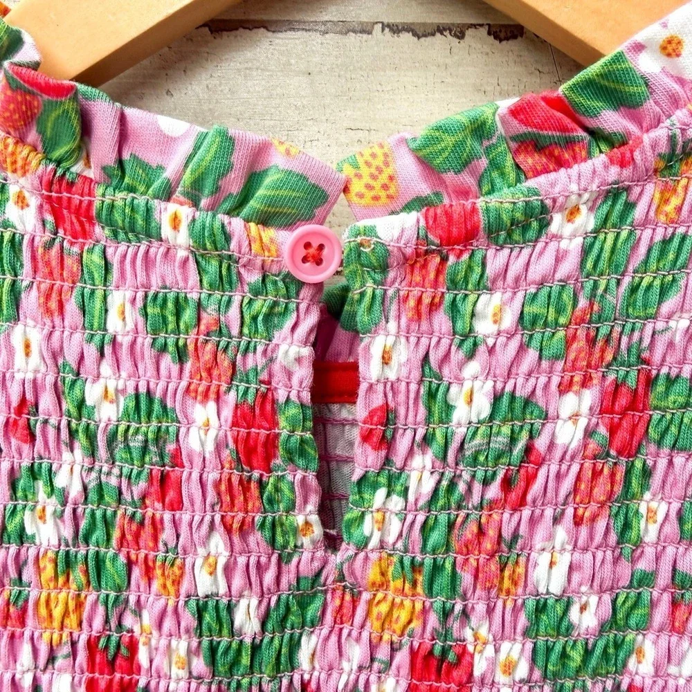 Mini Boden Aurora Strawberry Floral Smocked Dress Puff Sleeve Pink Girls 11-12 Y